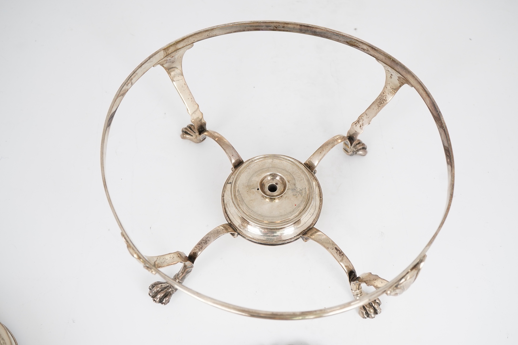 A William IV silver vegetable dish on stand with burner, maker possibly William Eaton